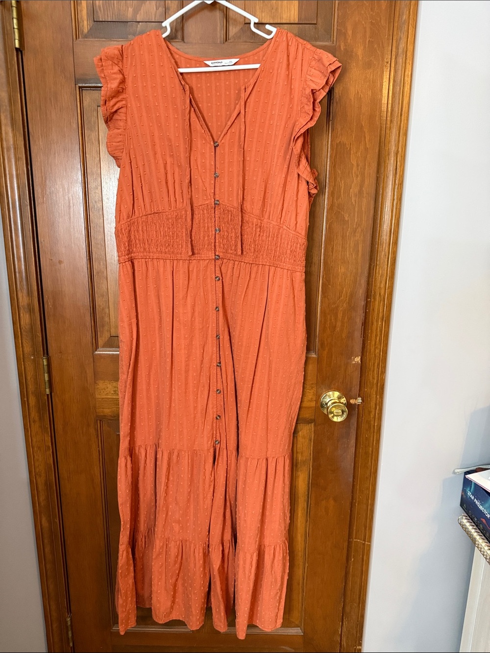 Sonoma Rust Orange Button-Front Maxi Dress with Ruffle Sleeves